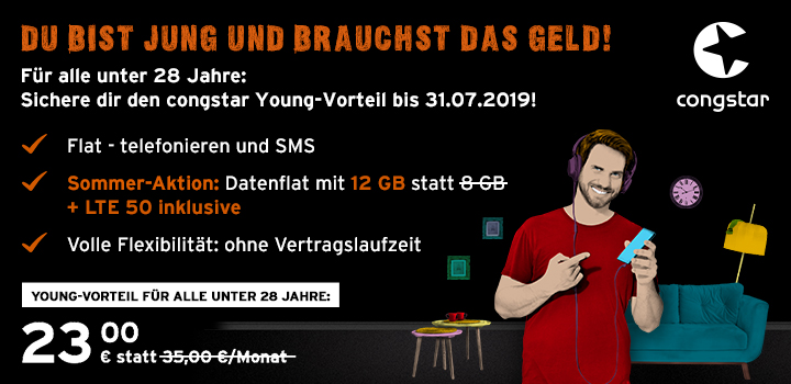 congstar Young Vorteil - Bis 31.07. - Allnet Flat Plus f�r nur 23 �/Monat sichern