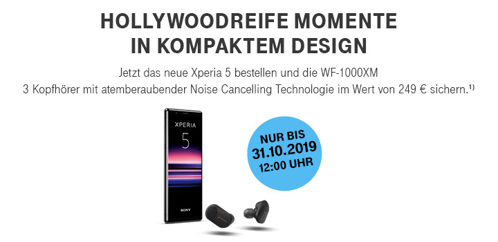 Jetzt Sony Xperia 5 bestellen und WF-1000XM3 Kopfh�rer gratis dazu erhalten.