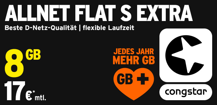 congstar Allnet Flat S Extra � 8 GB f�r nur 17 � 