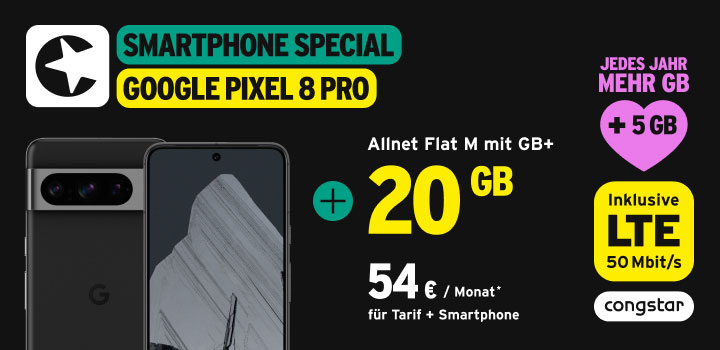 congstar Smartphone-Special � Google Pixel 8 Pro + Allnet Flat M mit GB+
