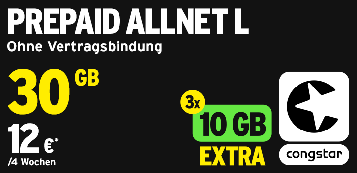 congstar Prepaid Aktion: 3 x 10 GB Datenp�sse