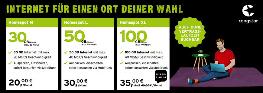 congstar Aktion - 100 GB f�r 35 � statt 40 � monatlich - Homespot XL 