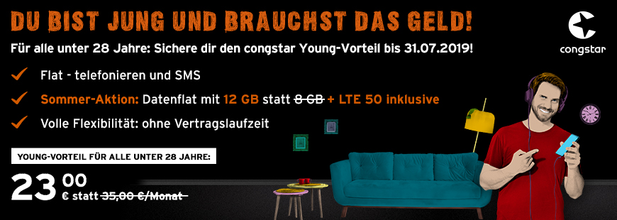 congstar Young Vorteil - Bis 31.07. - Allnet Flat Plus f�r nur 23 �/Monat sichern