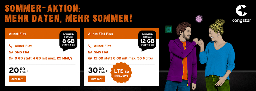 congstar Sommer-Aktion: Nur 20 � monatlich f�r 8 GB | Allnet Flat 