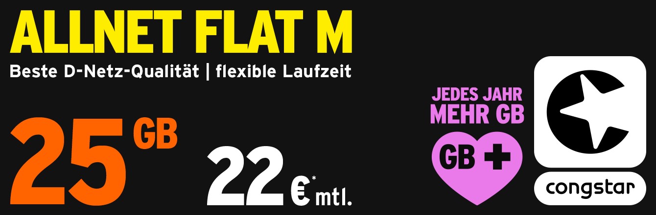 congstar Allnet Flat M: 25 GB f�r nur 22 &euro; mtl.
