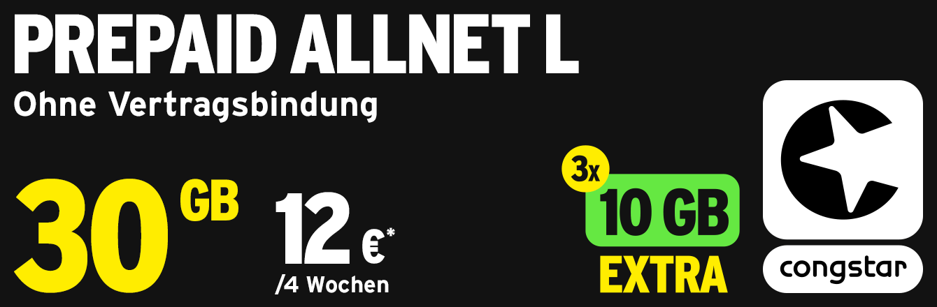 congstar Prepaid Aktion: 3 x 10 GB Datenp�sse